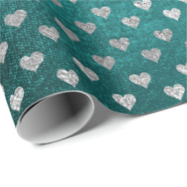 Hearts Silver Teal Aquatic Deep Tropical Grönt Presentpapper
