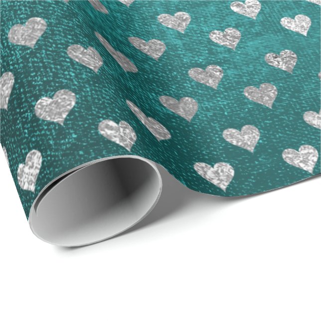Hearts Silver Teal Aquatic Deep Tropical Grönt Presentpapper (Rullad Hörn)