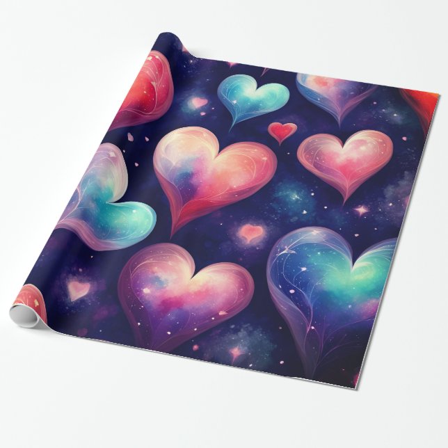 Hearts Stars Valentine Galaxy Presentpapper (Utrullad)