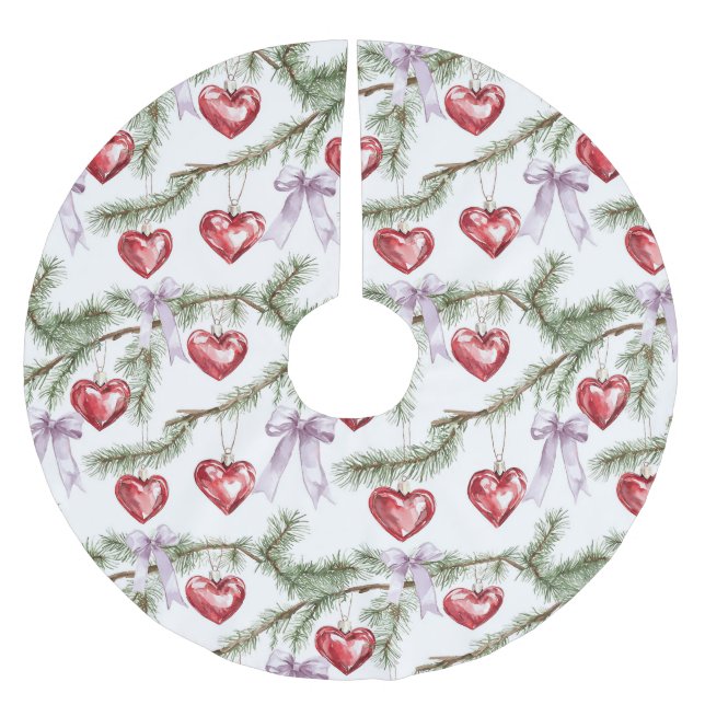 Hearts Trees Red Purple Bows Christmas Julgransmatta Borstad Polyester (Framsidan)
