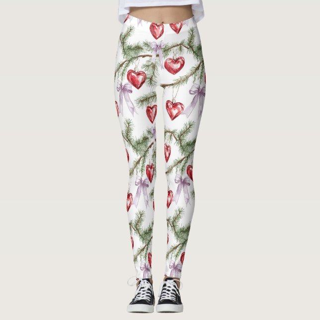 Hearts Trees Red Purple Bows Christmas Leggings (Framsida)