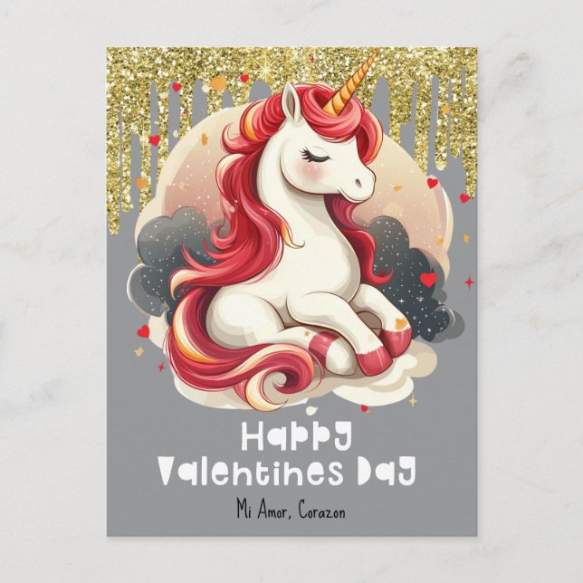 Hearts Valentines day Unicorn Glitter vycard Vykort (Framsida)