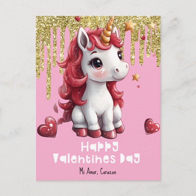 Hearts Valentines day Unicorn Glitter vycard Vykort (Framsida)