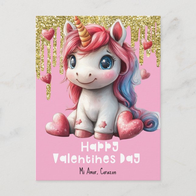Hearts Valentines day Unicorn Rosa Postcard Vykort (Framsida)