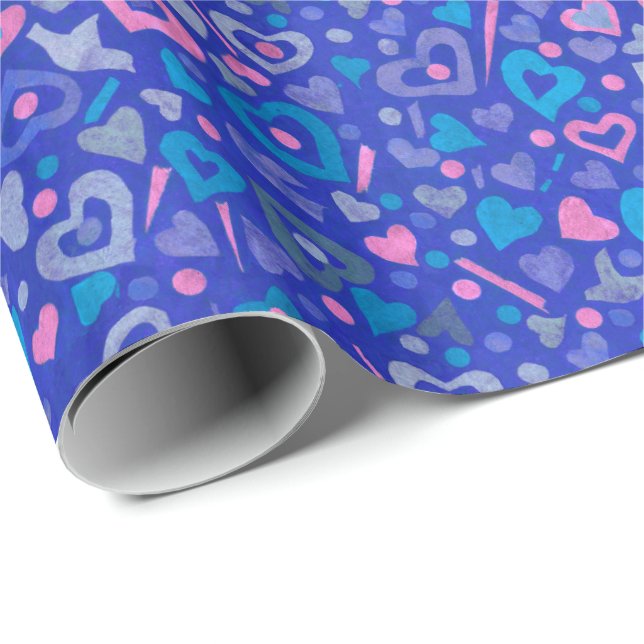 Hearts Valentiness Papper Collage Mönster Blue Presentpapper (Rullad Hörn)