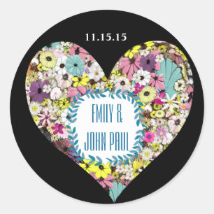 Hearts Vild Flowers Bröllop spara datum Sticker Runt Klistermärke