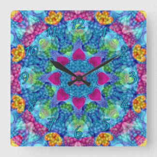 Hearts Violet & Blue Vintage Fractal Kaleidoscope Fyrkantig Klocka