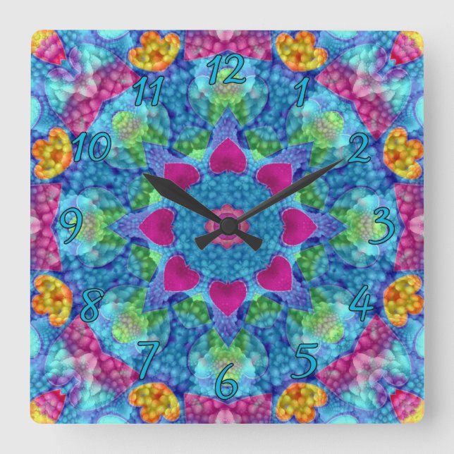 Hearts Violet & Blue Vintage Fractal Kaleidoscope Fyrkantig Klocka (Framsida)