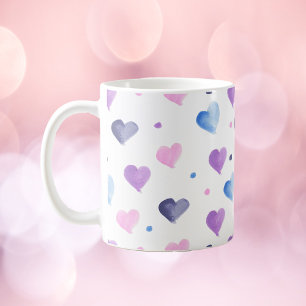 Hearts Watercolor Mönster Rosa Blue Lila Kaffemugg