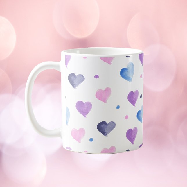 Hearts Watercolor Mönster Rosa Blue Lila Kaffemugg (A cute mug with a watercolor pattern of blue, pink and purple hearts and dots.)