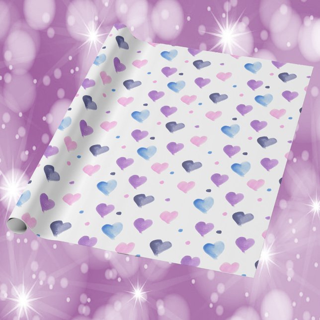 Hearts Watercolor Mönster Rosa Blue Lila Presentpapper (Gift wrapping with a heart and polka dot pattern done in pink, blue and purple.)