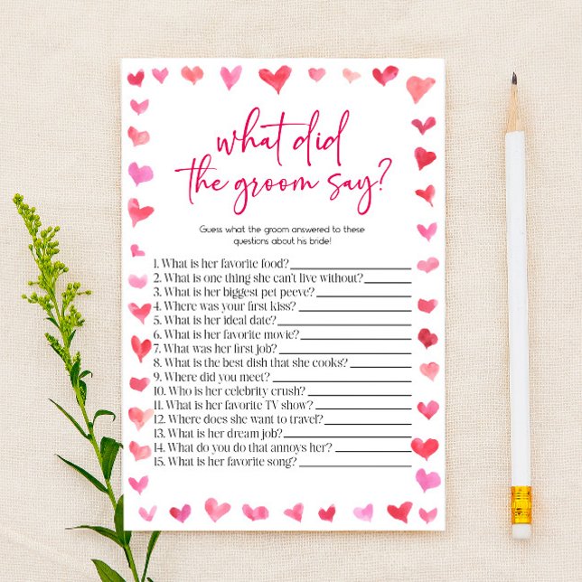 Hearts What Did The Groom Say? Bridal Shower Game  Brevpapper (Skapare uppladdad)