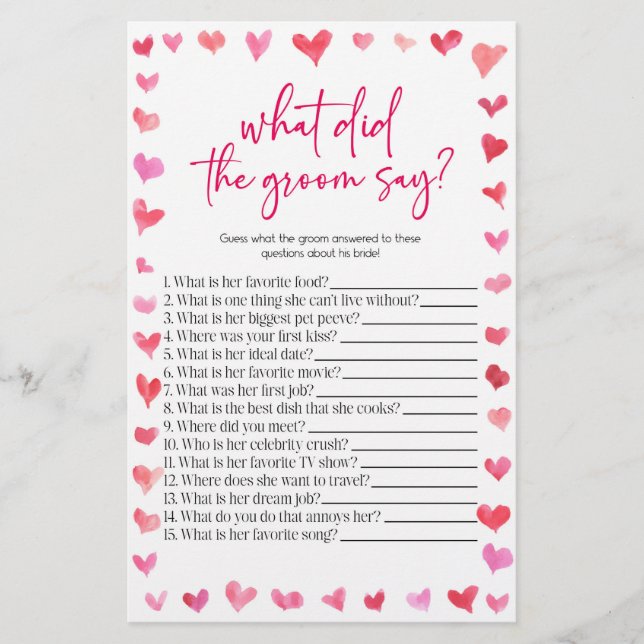 Hearts What Did The Groom Say? Bridal Shower Game  Brevpapper (Framsida)