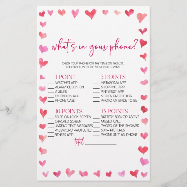 Hearts What's In Your Phone? Bridal Shower Game  Brevpapper (Framsida)