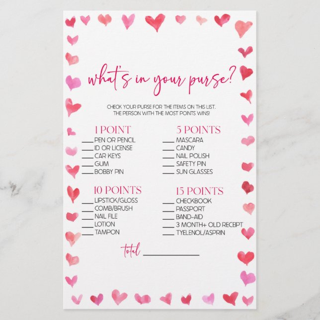 Hearts What's In Your Purse? Bridal Shower Game  Brevpapper (Framsida)