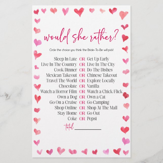 Hearts Would She Rather? Bridal Shower Game  Brevpapper (Framsida)