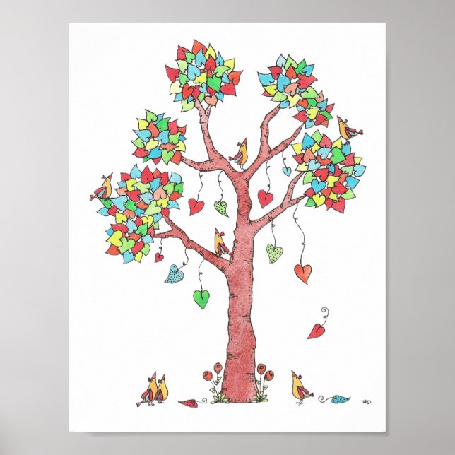 Heartstrings Watercolor Träd med fåglar Poster (Framsidan)