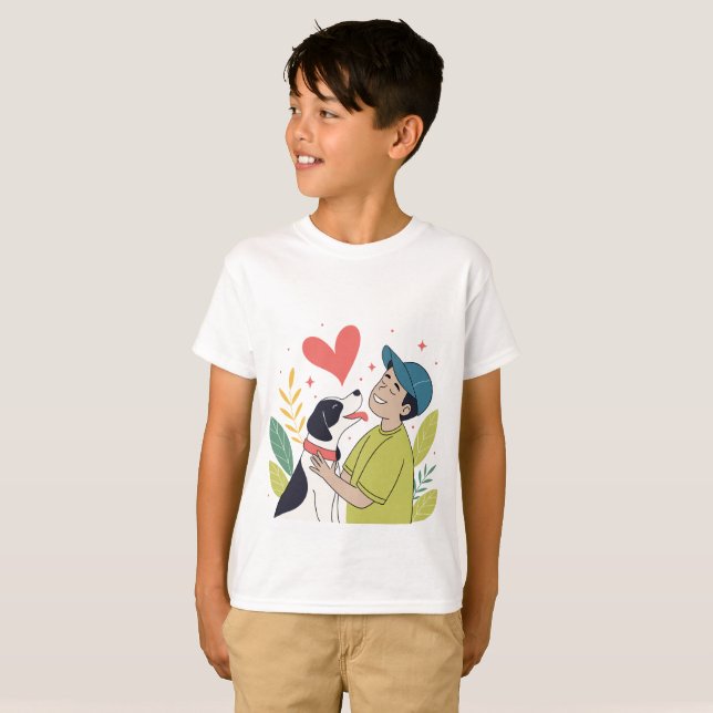 Heartwarming Boy Hugger Hund T-Shirt (Hel framsida)