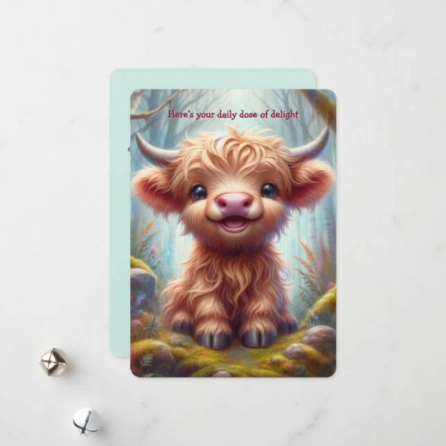 Heartwarming Highland Calf Flat Greeting Card Julkort (Fram/Back In Situ)