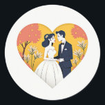 Heartwarming Wedding Scene Sticker  Runt Klistermärke<br><div class="desc">Celebrate your love story with this charming sticker featuring a couple in wedding attire embracing within a heart outline,  perfect for wedding albums and decor.</div>