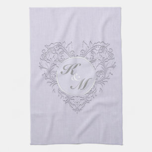 HeartyChic Lavender Linen Damask-hjärta Kökshandduk