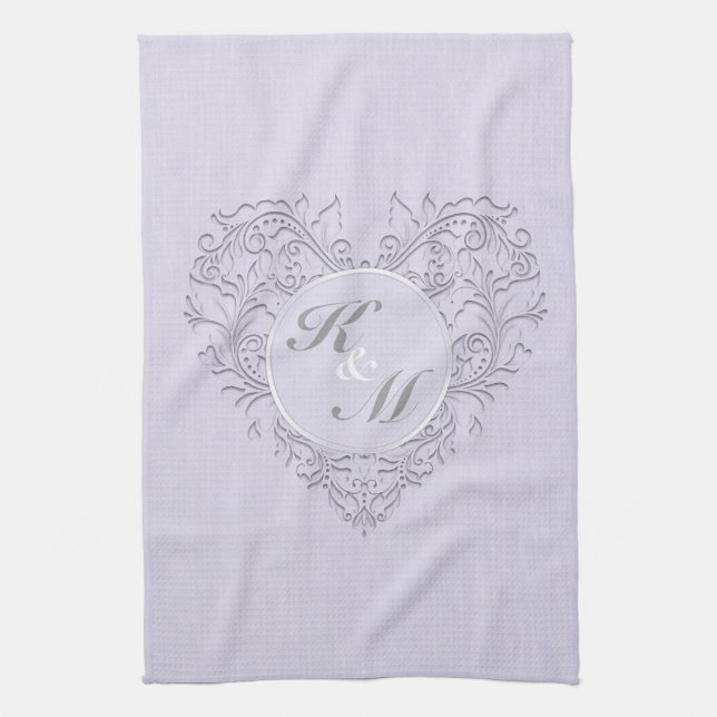HeartyChic Lavender Linen Damask-hjärta Kökshandduk (Vertikal)