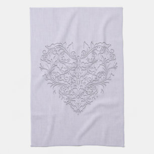 HeartyChic Lavender Linen Damask-hjärta Kökshandduk