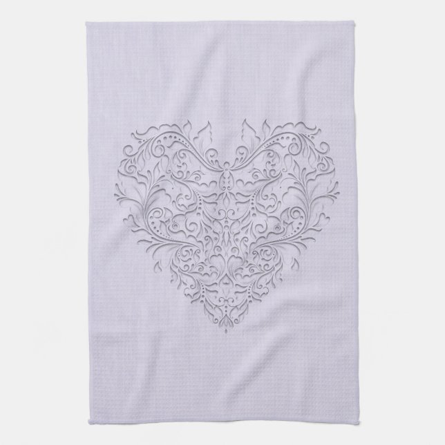 HeartyChic Lavender Linen Damask-hjärta Kökshandduk (Vertikal)