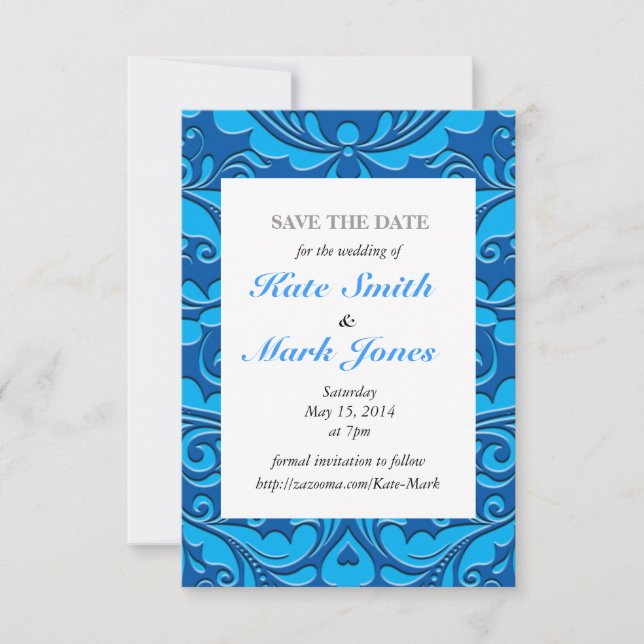 HeartyParty Cobalt Blue och Turquise Damask Heart Spara Datumet (Framsida)