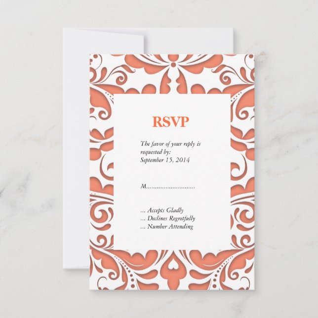 HeartyParty Coral and White Damask Heart Inbjudningar (Framsida)