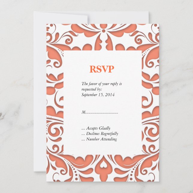 HeartyParty Coral and White Damask Heart Inbjudningar (Framsida)