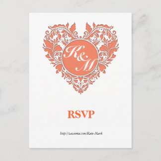 HeartyParty Coral and White Damask Heart Vykort