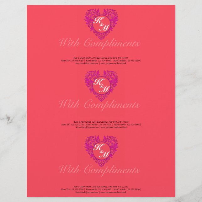 HeartyParty Raspberry and Magenta Damask Heart Brevhuvud (Framsida)