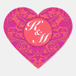 HeartyParty Raspberry and Magenta Damask Heart Hjärtformat Klistermärke