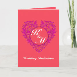 HeartyParty Raspberry and Magenta Damask Heart Inbjudan