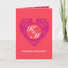 HeartyParty Raspberry and Magenta Damask Heart Inbjudan