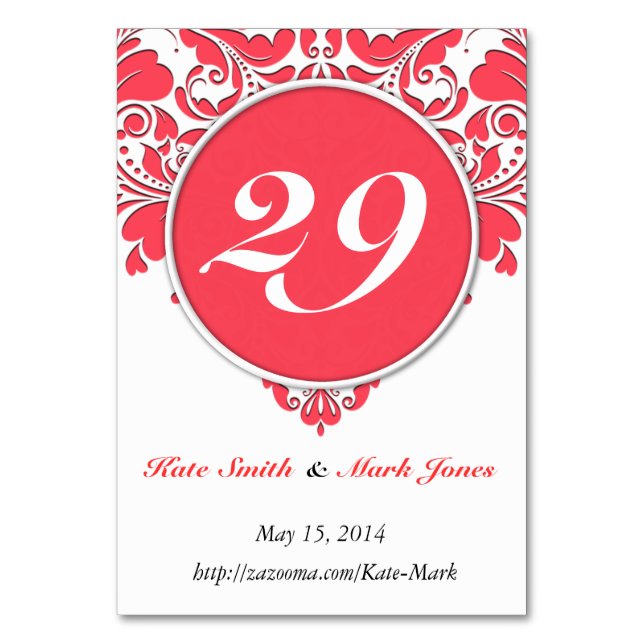 HeartyParty Raspberry Red and White Damask Heart Bordsnummer (Baksidan)