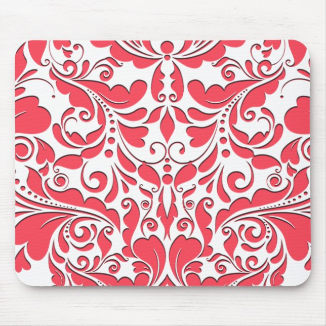 HeartyParty Raspberry Red & White Damask Heart Musmatta (Framsidan)