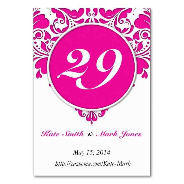 HeartyParty Rosa Magenta & White Damask Heart Bordsnummer (Framsidan)