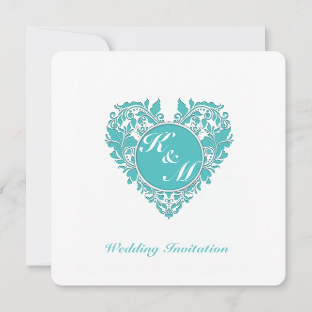 HeartyParty Turcos blue and White Damask Heart Inbjudningar (Framsida)