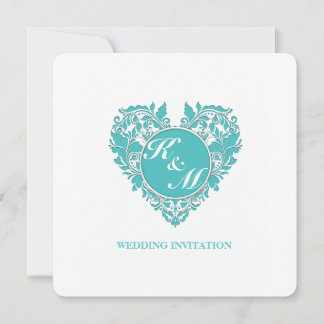 HeartyParty Turcos blue and White Damask Heart Inbjudningar