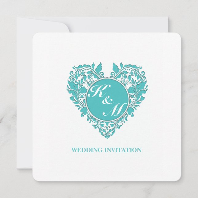 HeartyParty Turcos blue and White Damask Heart Inbjudningar (Framsida)