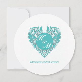 HeartyParty Turcos blue and White Damask Heart Inbjudningar