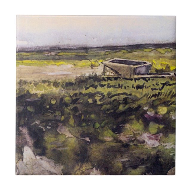 Heath med en Wheelbarrow av Vincent van Gogh Kakelplatta (Framsidan)
