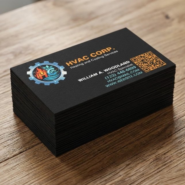 Heating and Cooling Logo & Qr Code | Black HVAC Visitkort (minimalist HVAC business cards. Designed for true heating and cooling specialists)