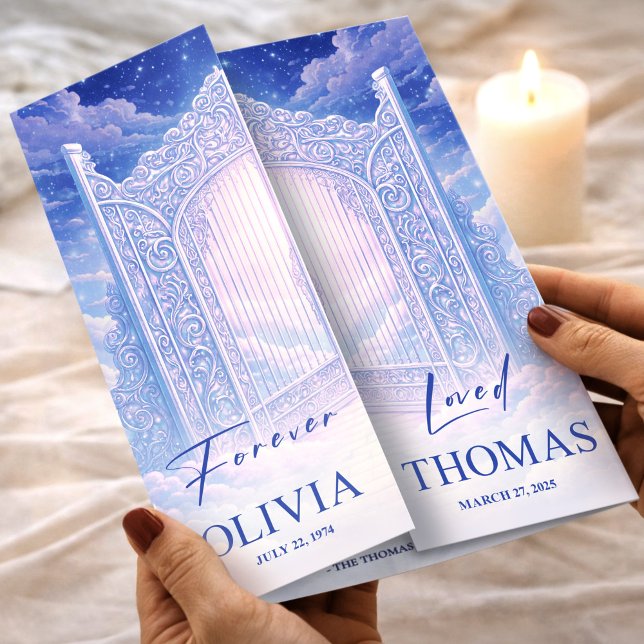 Heaven’s Gates Celebration of Life Funeral Program (Funeral Program Blue Heaven’s Gates Memorial Flyer, Funeral for Women, Loss of Mother)