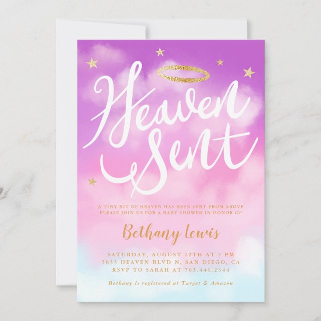 Heaven Sent Angel Guld Halo Baby Shower Rosa Inbjudningar (Framsida)