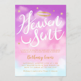Heaven Sent Angel Guld Halo Baby Shower Rosa Inbjudningar