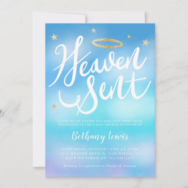 Heaven Sent Angel Guld Halo Blue Baby Shower Inbjudningar (Framsida)