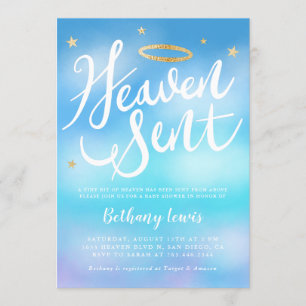 Heaven Sent Angel Guld Halo Blue Baby Shower Inbjudningar